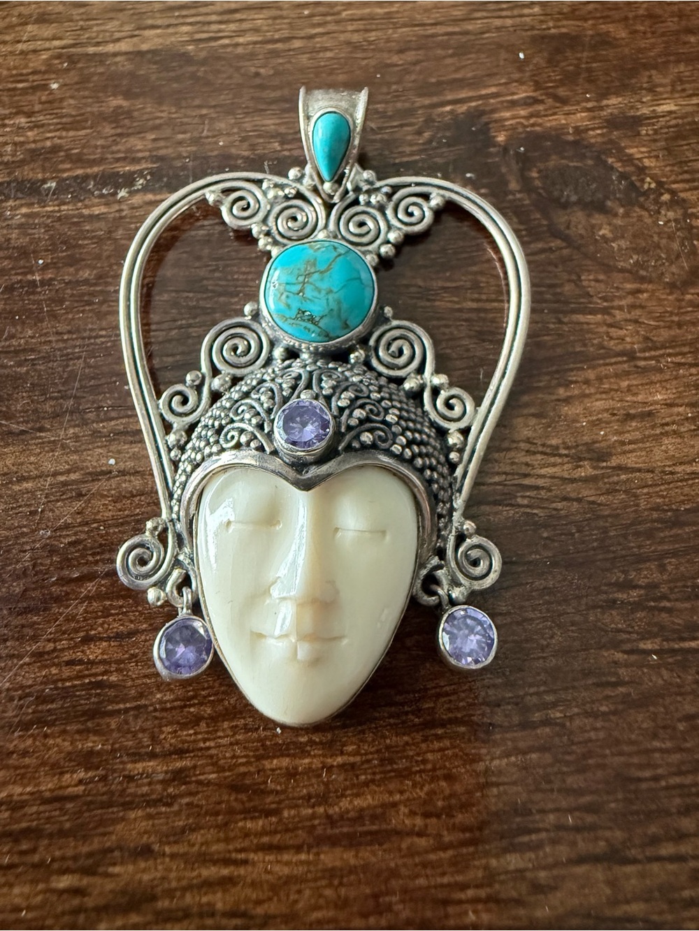 Artisan Silver Turquoise & Amethyst Goddess Face Pendant
